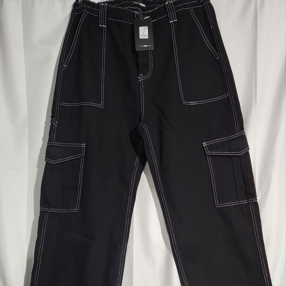 Black white stitch Wide leg Cargo jeans